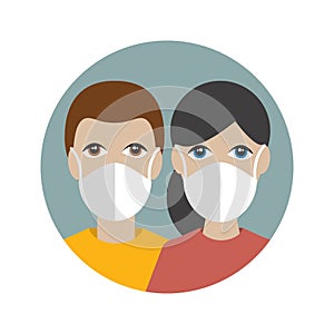 People in a mask protecting against corona virus, covid 19. Couple of white skin. Flat vector icon
