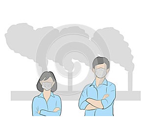 People in masks because of fine dust. hand drawn style vector doodle design illustrations. air pollution. vector illustration.