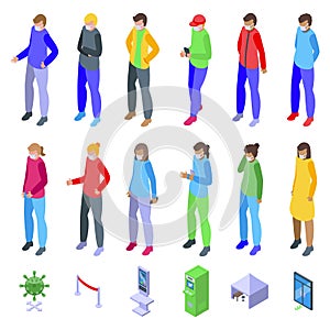 People in masks stand in line icons set isometric vector. Woman face