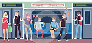 People in masks in subway. Underground mass transit with men and women. Metro wagon, coronavirus covid-19 healthcare