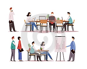 People in masks working in office. Workplace in coronavirus pandemic vector illustration.