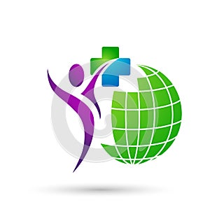 Globe medical care people logo icon on white background.