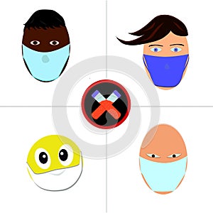 People in medical face mask icons set isolated on white background. Different characters in prevention masks.Pandemic of