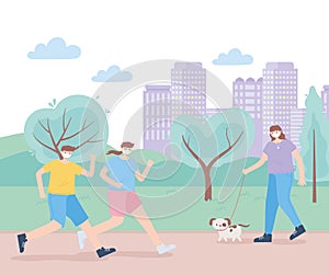 People with medical face mask, people running and woman walking with dog in park, city activity during coronavirus
