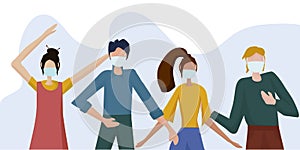 People in medical masks. Despite the danger of getting infected with the virus, people live ordinary lives, they have fun, dance