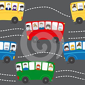 People in medical masks ride buses. Colorful Vector hand drawin seamless pattern.