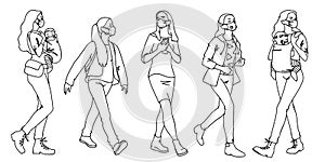 People in medical masks. Vector illustration of masked women set in linear style isolated on white background