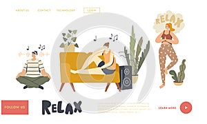 People Meditating Listening Relaxing Music at Home Landing Page Template. Characters Sit in Yoga Lotus Pose