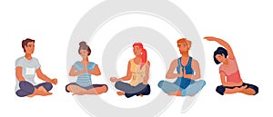 People in meditation lotus pose at yoga class flat  illustration isolated