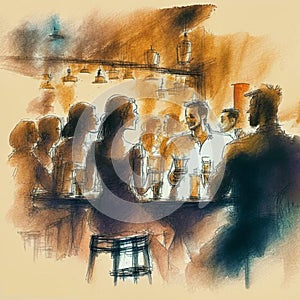 People meeting in cafe, drinking beer in pub, sitting at table or counter and talking