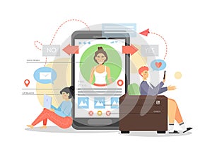People meeting, chatting on dating site, app, vector flat illustration