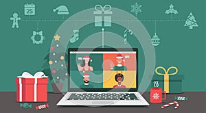 People meeting online together via video calling on a laptop to virtual discussion on Christmas holiday with icon