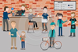People meeting in the smart coffee shop infographics elements.