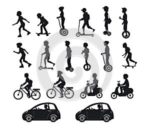 People, men and women riding modern electric scooters, cars, bicycles , skateboards,segway,hoverboard