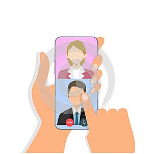 People men and women video call using the smartphone. The hand is holding smartphone with people on screen