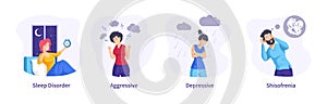 People mental states. Depression, sleep disorder, aggression, anxiety, phobia, schisophrenia. Set of psychologic and psychiatry