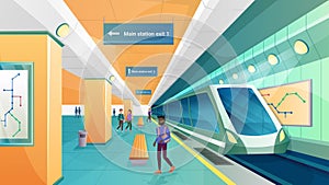 People in metro subway station vector illustration, cartoon passenger character walking on modern underground transport