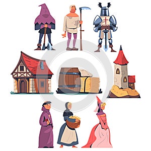 People from Middle Ages with Knight, Headsman, Peasant and Priest Vector Set