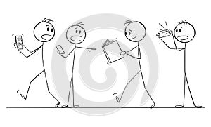 People with Mobile Phones Looking Shocked on Someone Reading Book, Vector Cartoon Stick Figure Illustration