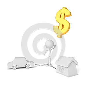 People model chained with house and car in debtor concept. 3D rendering