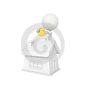 People model and house shape piggy bank with saving concept. 3D rendering