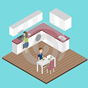 People in the modern kitchen Isometric 3D vector. illustration E