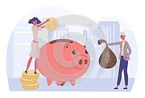 People money save, success financial investment concept. Cartoon woman putting coins into piggy bank