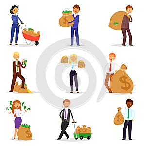 People money vector wealth businessman woman person character holding bag with coins cash currency illustration banking