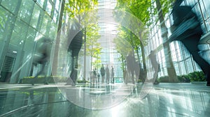 People in motion in a sunlit, tree-lined corporate glass building lobby.