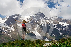 People in Mountains Victory, Tourist Hiking Backpacker Climbing, Tourism Concept