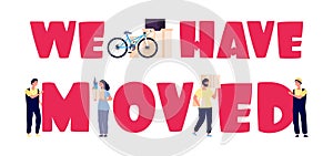 People moved. Porters woman man with boxes and things. Flat isolated moving or relocation vector banner template