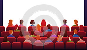 People in movie theater. Guys watch sitting on red chairs in front of white screen in movie hall. Entertainment and