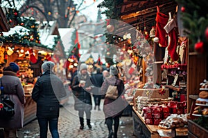People moving through crowded market stalls during Christmas season, A bustling Christmas market filled with vendors selling