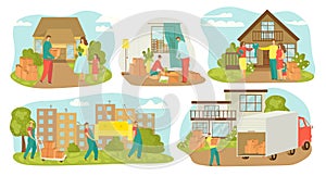 People moving house, new home relocation set of vector illustrations. Family movers with boxes, carrying furniture