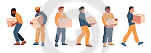 People moving out with boxes. Man and woman holding moving and loading carton boxes with belongings, moving and packing