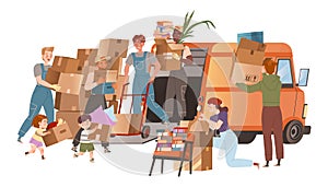 People moving to new apartments. Movers in overalls unloading cardboard boxes from van. Delivery service cartoon vector