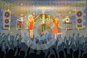 People musicians perform at concert in front public, vector illustration. Music group receive award on stage, famous