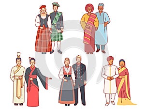 People in national costumes. Multicultural couples, traditional folk wears, various ethnic groups, asians, africans and