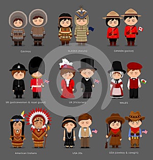 People in national dress. United Kingdom, Canada, United States of America. Eskimos, Aleuts, American Indians.