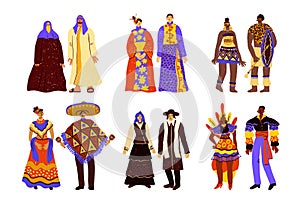 People in national folk costumes. Cartoon funny couples in traditional wear. Jews and Mexicans. Chinese family. Arabs