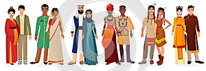 People in national traditional dress clothes. International couples. Native america, japan, china, muslim arabian, india