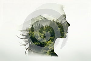 Double exposure portrait with woman and green forest. Generative AI