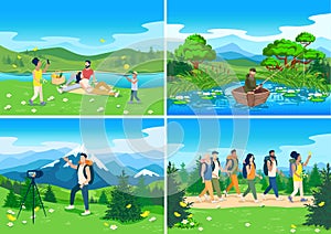 Set of vector illustrations of people resting in nature