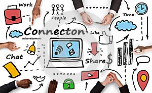 People Networking Using Gadgets, White Background, Collage With Internet Icons