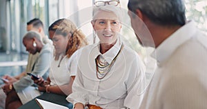 People networking in waiting room before a recruitment job interview in an advertising agency. Partnership, relaxing or