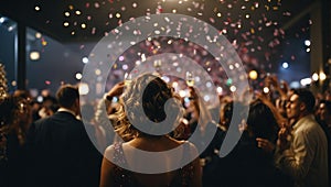 People at New Year\'s Eve party drinking champagne and wine while confetti are falling from the ceiling, generative ai photo