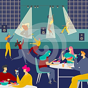 People in night cafe club vector illustration, cartoon flat adult man woman characters meeting in interior clubhouse