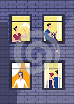 People in night windows in daily routine. Vector man or boy smoking and looking in window