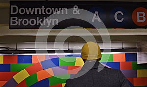 People in NYC Subway Station Brooklyn Downtown Billboard Sign Modern Art Tile Wall