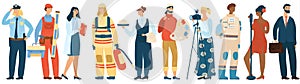 People occupation vector professional man and woman in uniform of firefighter, police officer and astronaut. Workers of